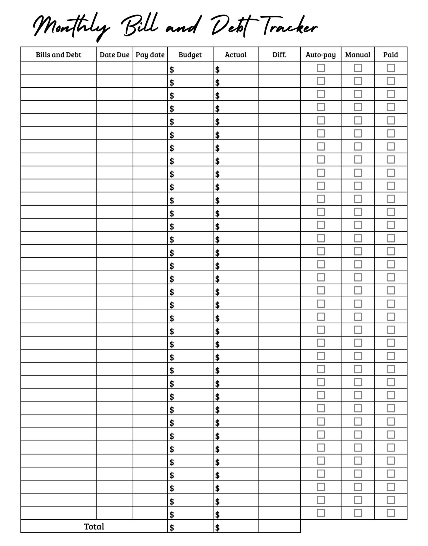 Budget by paycheck Printout