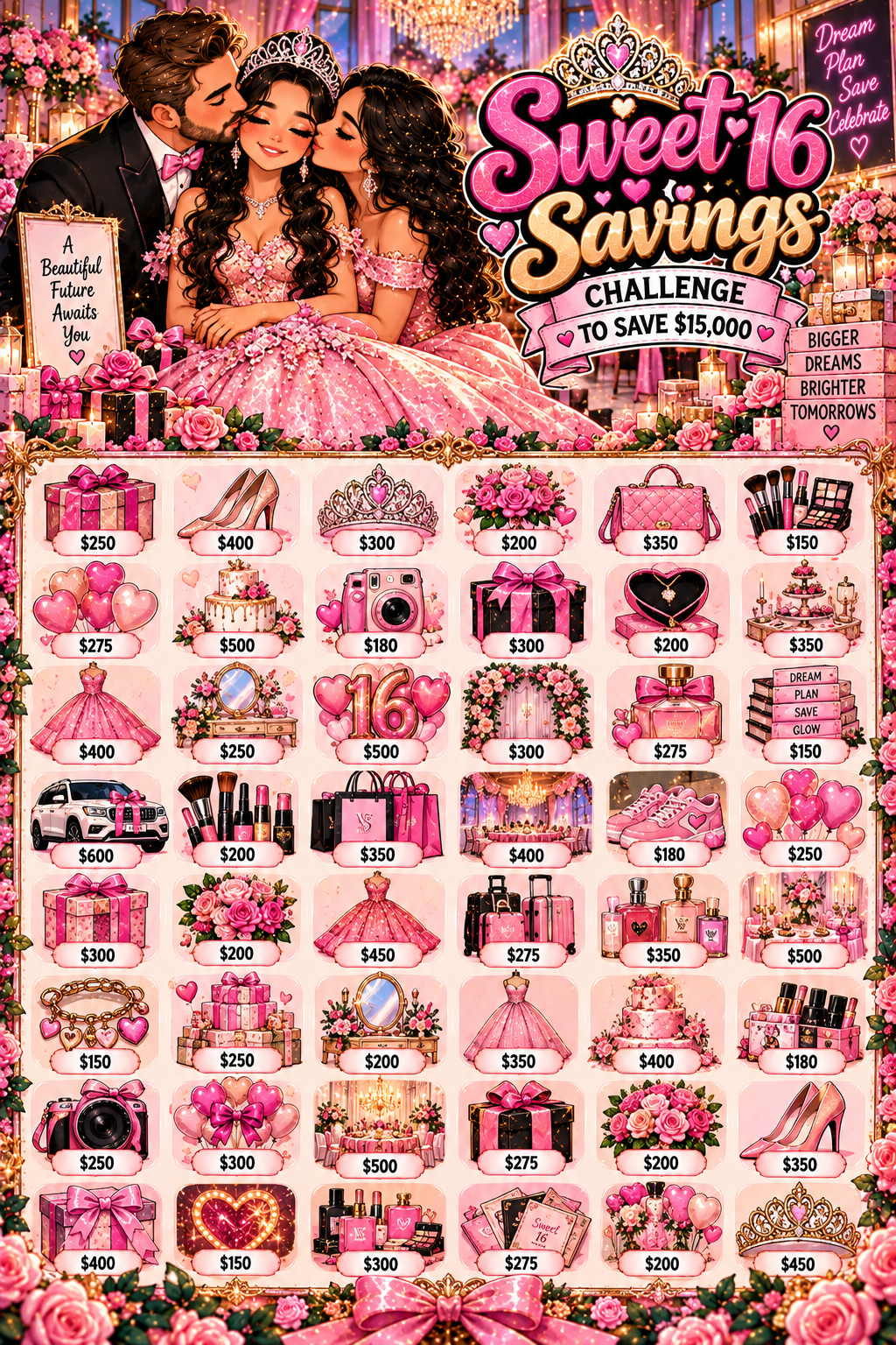 Save for My Sweet 16 – Digital Printable Savings Challenge
